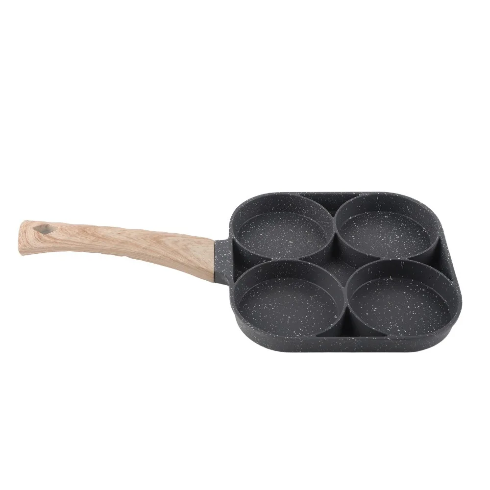 

4 Cup Egg Pan Aluminum Alloy Wood Handle Pancake Pan Heavy Duty Non-Stick Breakfast Skillet Bacon/Burgers/Omelet