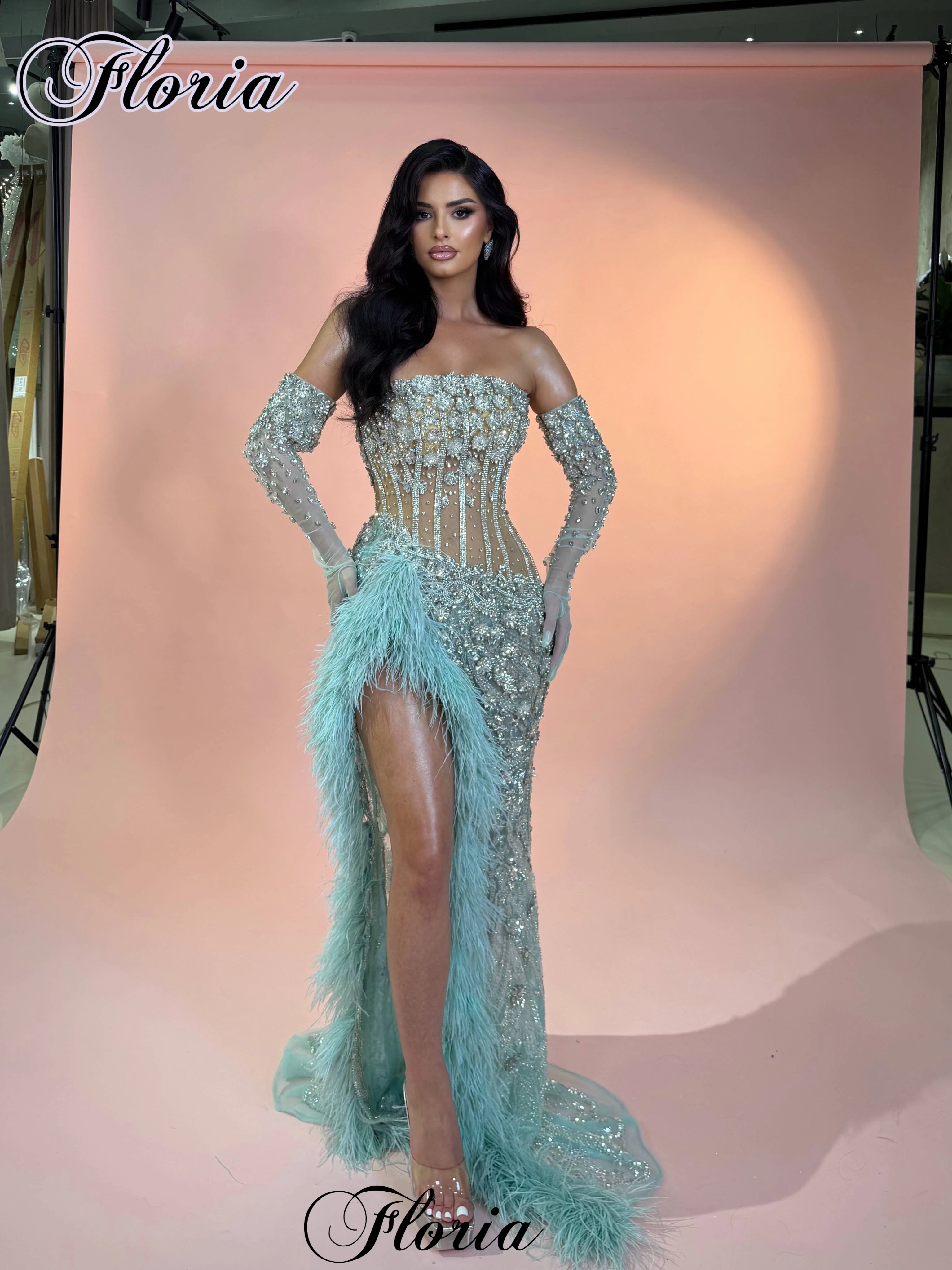 Mint Green Crystals Cocktail Dresses With Feathers Strapless Mermaid Prom Dresses Birthday Gowns Vestidos Femenino Customized