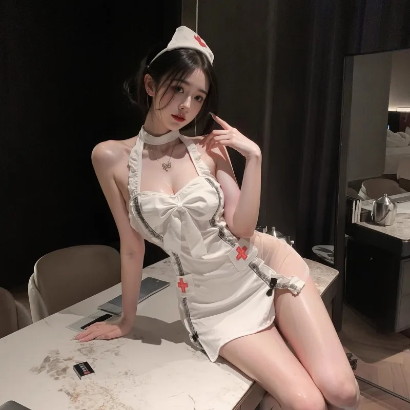 

Sexy Women Cosplay Lingerie Anime Mikan Tsumiki White Nurse Costume Set Lingerie Babydoll Outfit Maid Dress Porno Bar Temptation