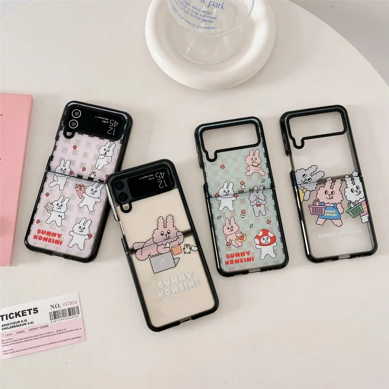 

Cute Rabbit Acrylic Black Border Phone Case for Samsung Galaxy Z Flip 5 4 3 Back Cover for ZFlip3 ZFlip4 ZFlip5 Hard Case Shell