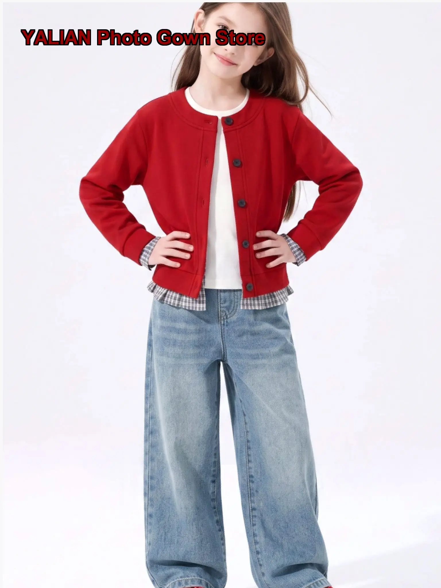 Girls Autumn Older Kids Loose Fit Red Color Block Knit Coat