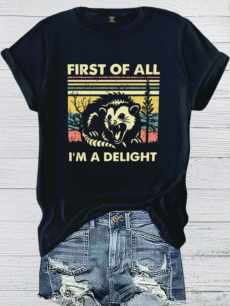 

Plus - Size Humorous “FIRST OF ALL I'M A DELIGHT” Graphic Tee, Black Short - Sleeve