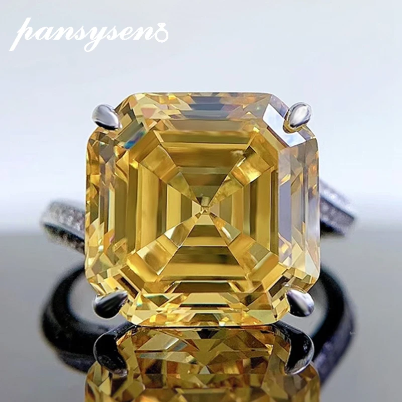 PANSYSEN Sparkling 925 Sterling Silver 12x12MM Asscher Cut Citrine Gemstone Wedding Anniversary Fine Jewelry Ring Gift Wholesale