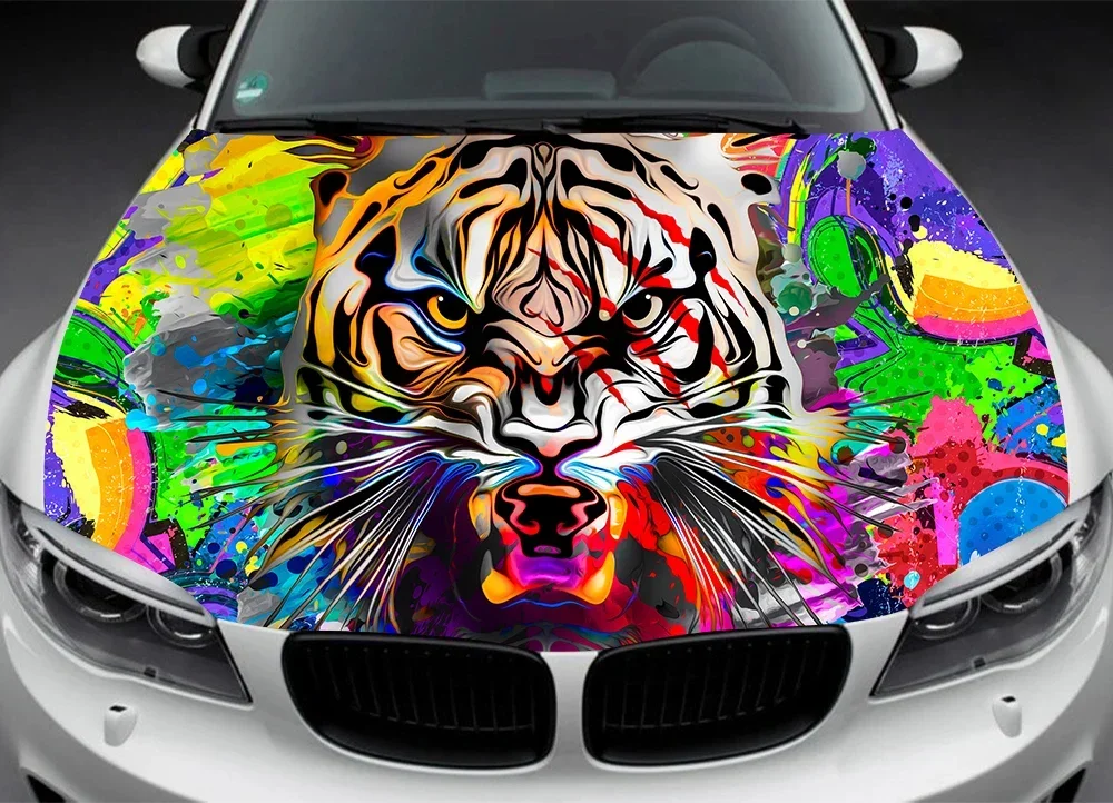 

Абстрактные радужные тигровые виниловые наклейки на капот автомобиля, оберточная пленка, наклейки на крышку двигателя, автомобильные аксессуары, декоративная защитная пленка