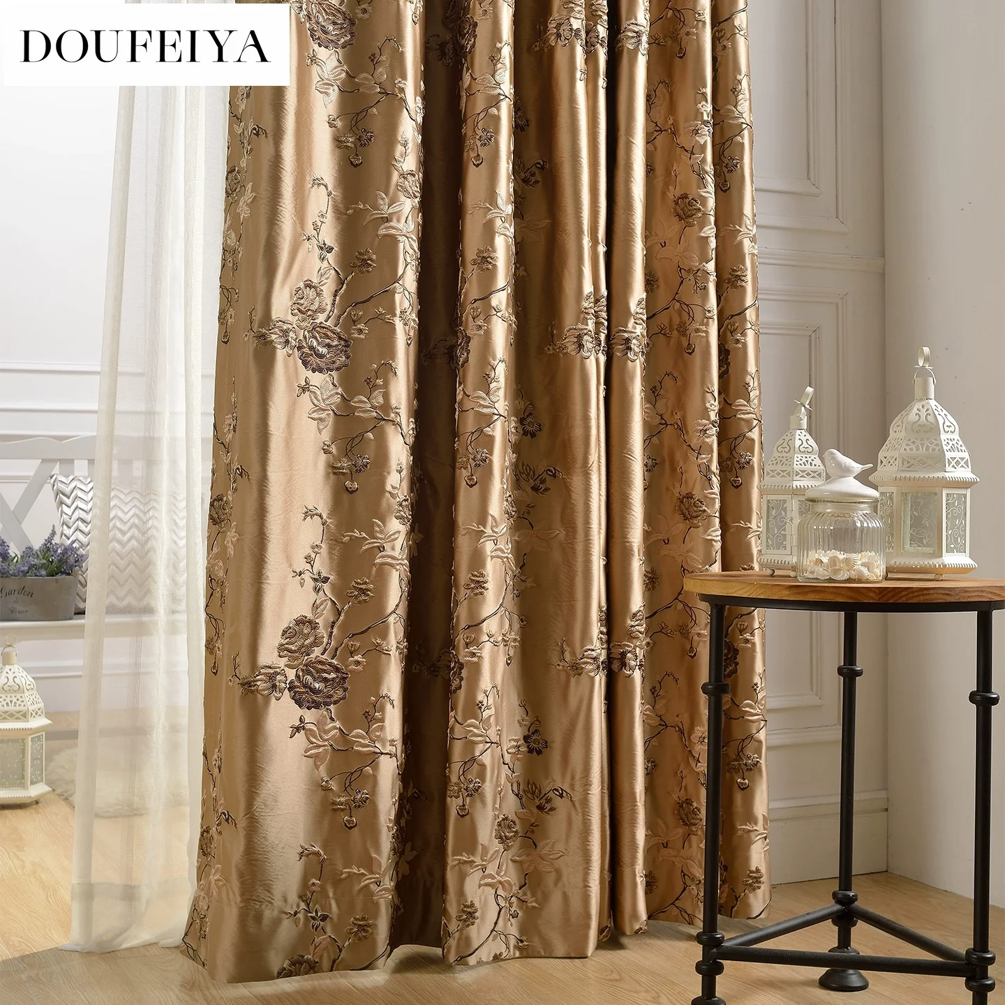 Cortinas de lujo europeas bordadas de color marrón dorado para sala de estar, dormitorio, comedor, Jacquard de precisión de satén de imitación opaca