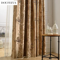 European Embroidered Golden Brown Luxury Curtains for Living Room Bedroom Dining Blackout Imitation Satin  Precision Jacquard