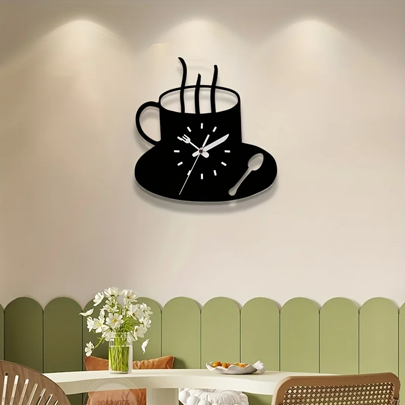 1Pc Kitchen 3D Modern Acrylic Creative Frameless Design Silent Clock Wall Art Coffee Cup Style Clock, Home Decoration, Autumn