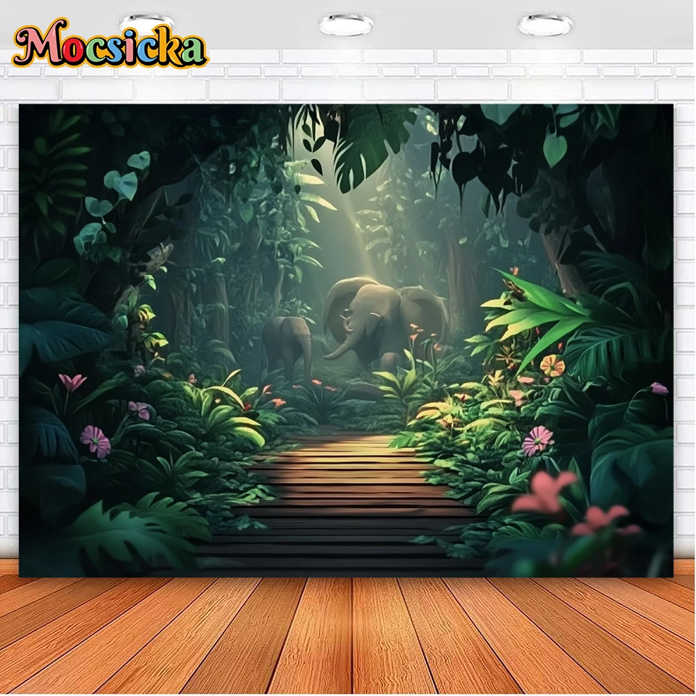 Mocsicka Enchanted Rainforest Lush Greenery Hidden Animals Wooden Path Elephant Tiger Dark Mysterious Depth Photography Backdrop