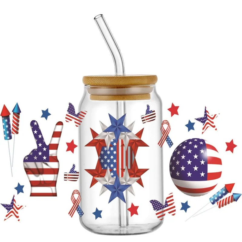 16oz UV DTF Cup Wraps transfers USA Fourth of July Decals Waterproof Libbey Can Stickers