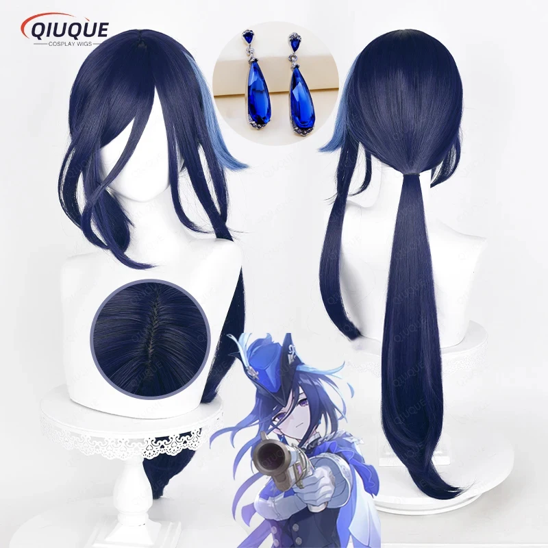 Juego Impact Fontaine Clorinde Peluca de Cosplay larga y recta, mezcla azul, pelo sintético resistente al calor, pelucas de Anime + gorro de peluca