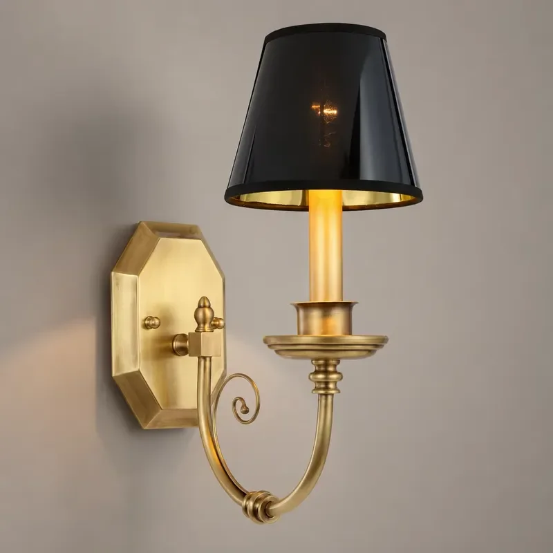 Vintage Black Fabric Wall Lamp Single Arm Antique Brass Finish Interior Lighting Fixture for Bedroom Hotel Corridor Home