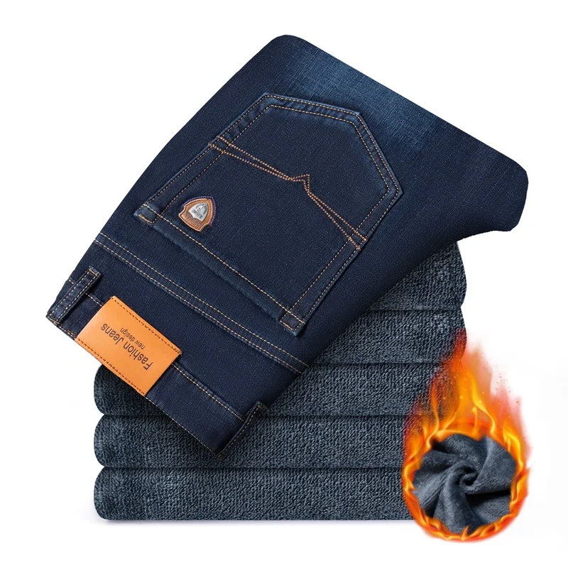 

High-quality Velvet Men's Warm Jeans Fashionable Business Casual Stretch Straight Thick Wool Denim Pants Blue Black Jeans