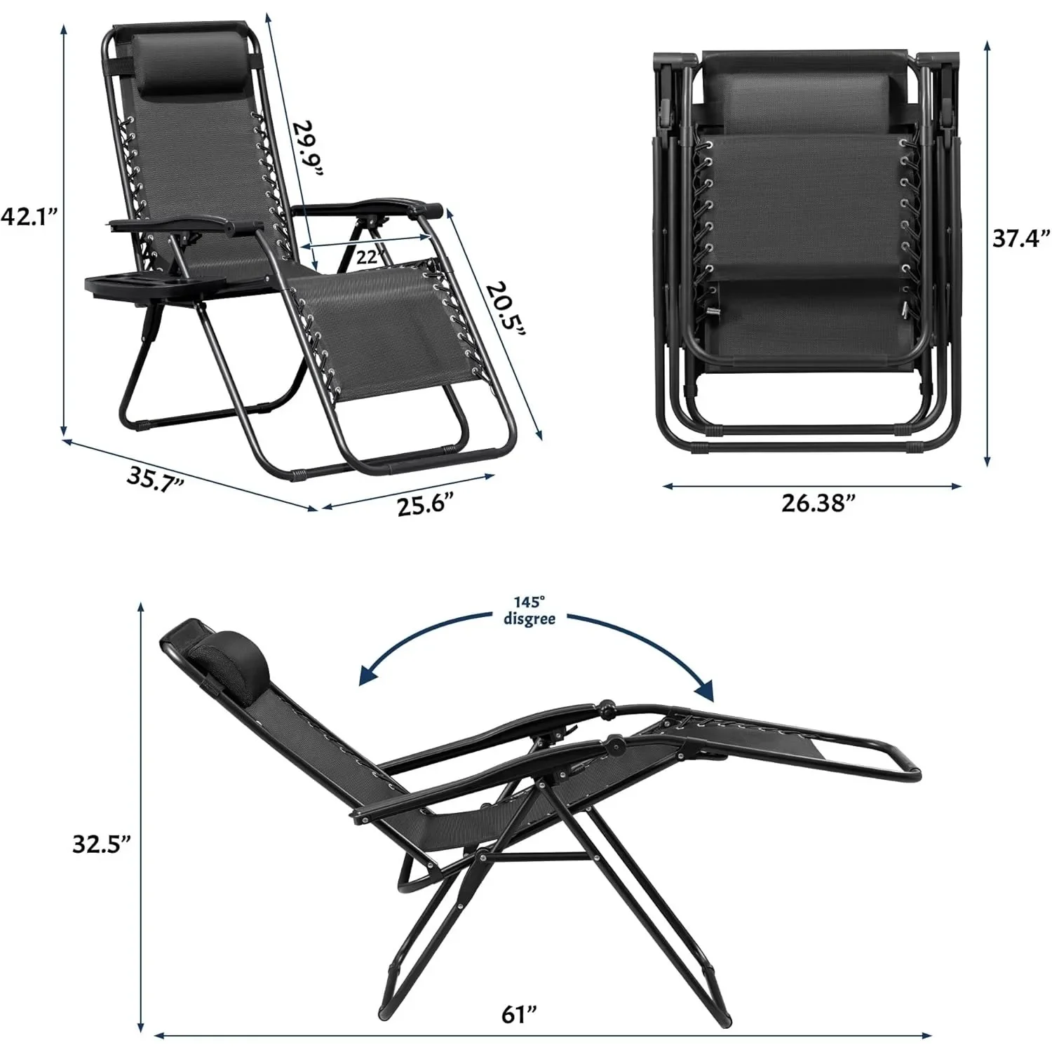 كرسي بدون جاذبية قابل للطي مع كرسي قابل للتعديل وصينية حامل أكواب - كرسي صالة شبكي فولاذي للفناء الخلفي والتخييم والفناء