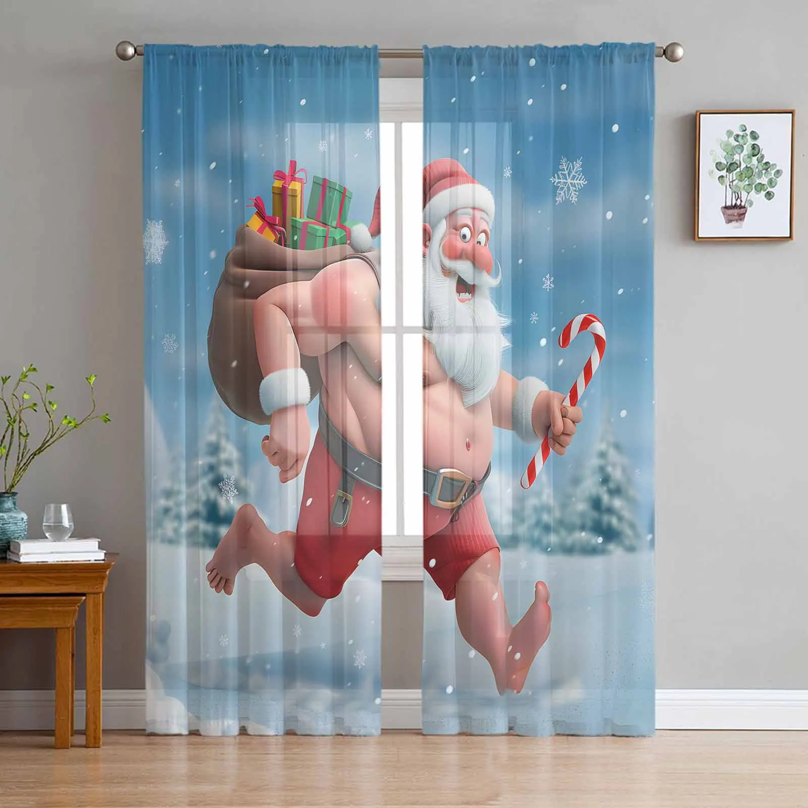 Santa Claus Running Naked On Christmas Day Window Treatment Tulle Modern Sheer Curtains for Kitchen Living Room Curtains Decor