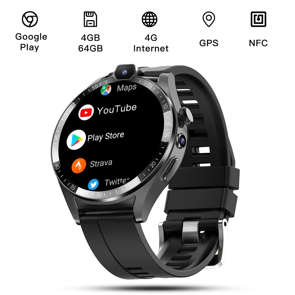 4G LTE NFC Smart Watch Men 4GB+64GB WIFI GPS Android 1.43 HD Screen 5MP Dual Camera Google Play SIM Card Waterproof Smartwatch