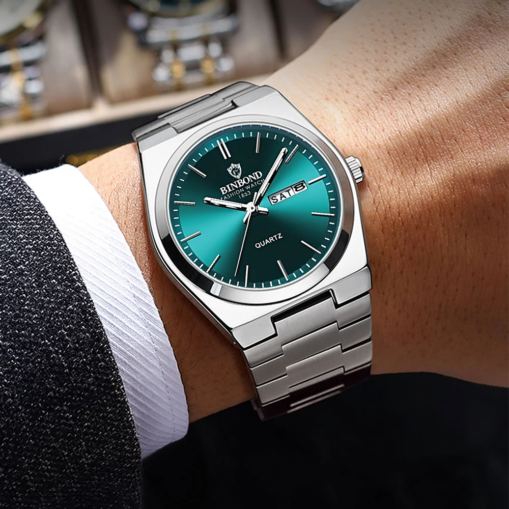BINBOND Men's Watches Simple Fashion Original Quartz Watch for Man Waterproof Fine Steel Luminous Date Week Trend Gift Box Reloj