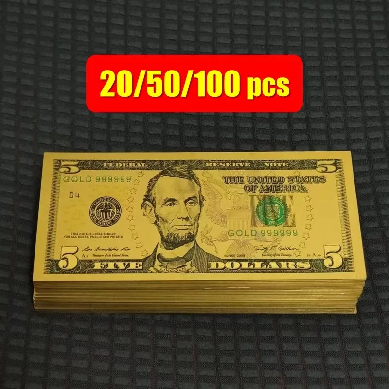 

20~100pcs USA 24k Gold Banknote 5 Dollars Bills Golden USD Paper Money Banknotes Crafts for Collection