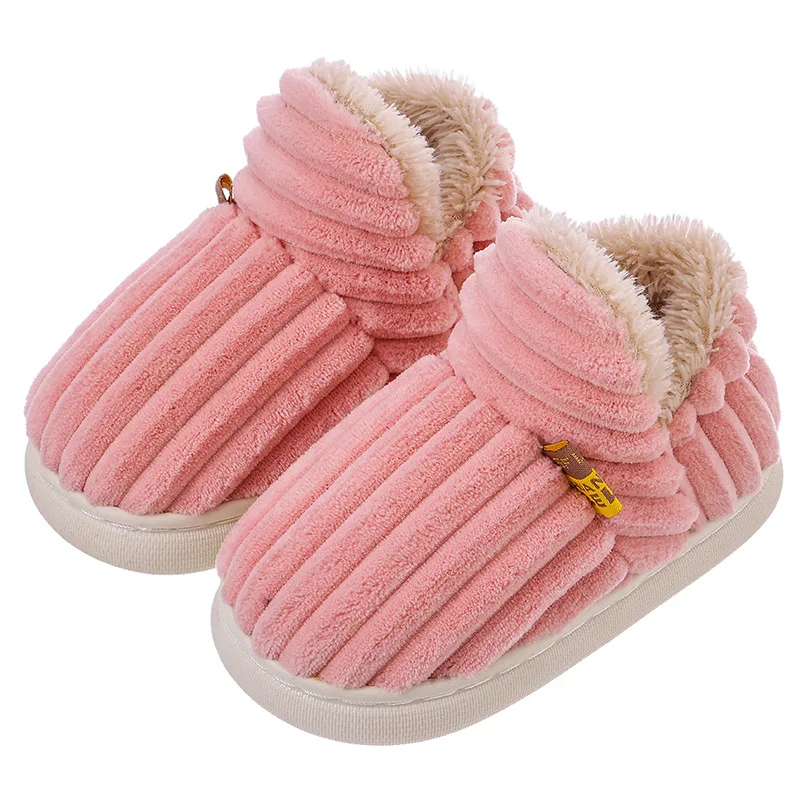 bota New Winter Concise Stripe Plush Slippers Child Non-slip Soft Sole Kids Boys Girl Heel Wrap Warm Parenting Home Cotton Shoes