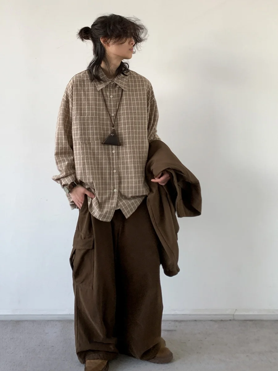 

Ретро-японская рубашка с длинным рукавом, повседневная, весенне-осенняя, в клетку, рабочая одежда, рубашка-куртка для мужчин и женщин