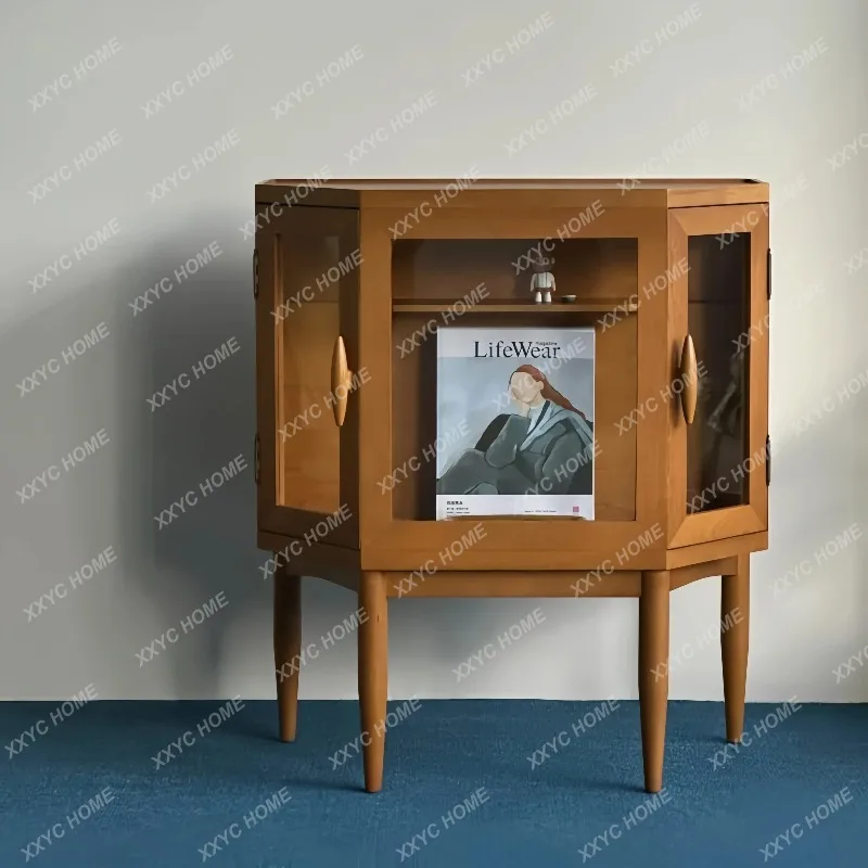 Medieval Solid Wood Hexagonal Display Cabinet Home Living Room  Retro Style Locker Storage Cabinet