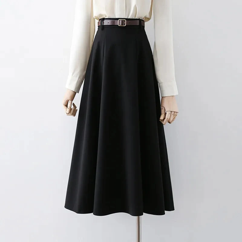 Vintage Belt Woolen Midi Skirt Women Black Pleated Skirts Fall Winter Ladies Korean Elegant High Waist All Match A Line Skirt