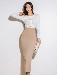 New Elegant Lady 2 Pieces Outfit Suits Women White Knitted Sweater Cropped Short Tops Blouse And High Waist Skirt Mujer Slim Set