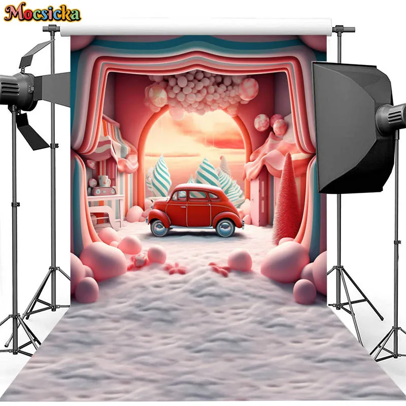 Cartoon Christmas Candy World Photography Backdrops Red Car Frozen Winter Snowy Kids Birthday Cake Smash Background Photo Studio