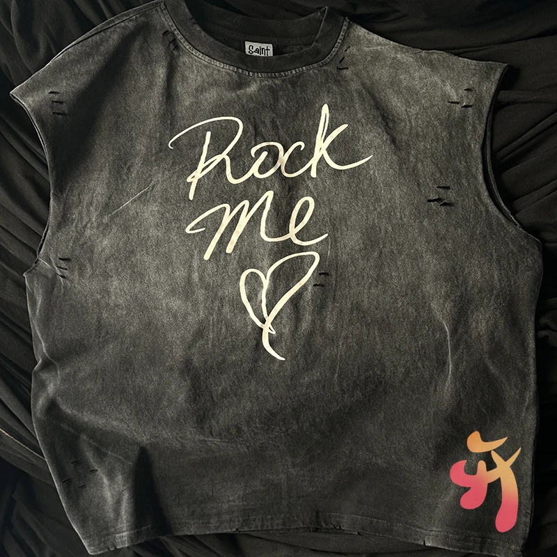 الأمريكية شارع العليا الرجعية غسلها المهترئة الأسود تانك القمم الحب روك الكتابة على الجدران طباعة الجولة الرقبة بلوزات بلا اكمام الرجال النساء سترة #2