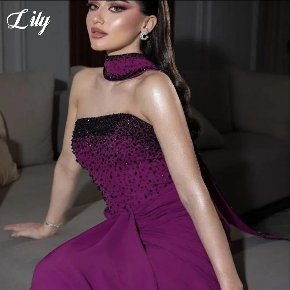 

Элегантное вечернее платье Lily Grape с блестками, платья для выпускного вечера, вечернее платье без рукавов с шарфом, robe de bal для женщин по индивидуальному заказу