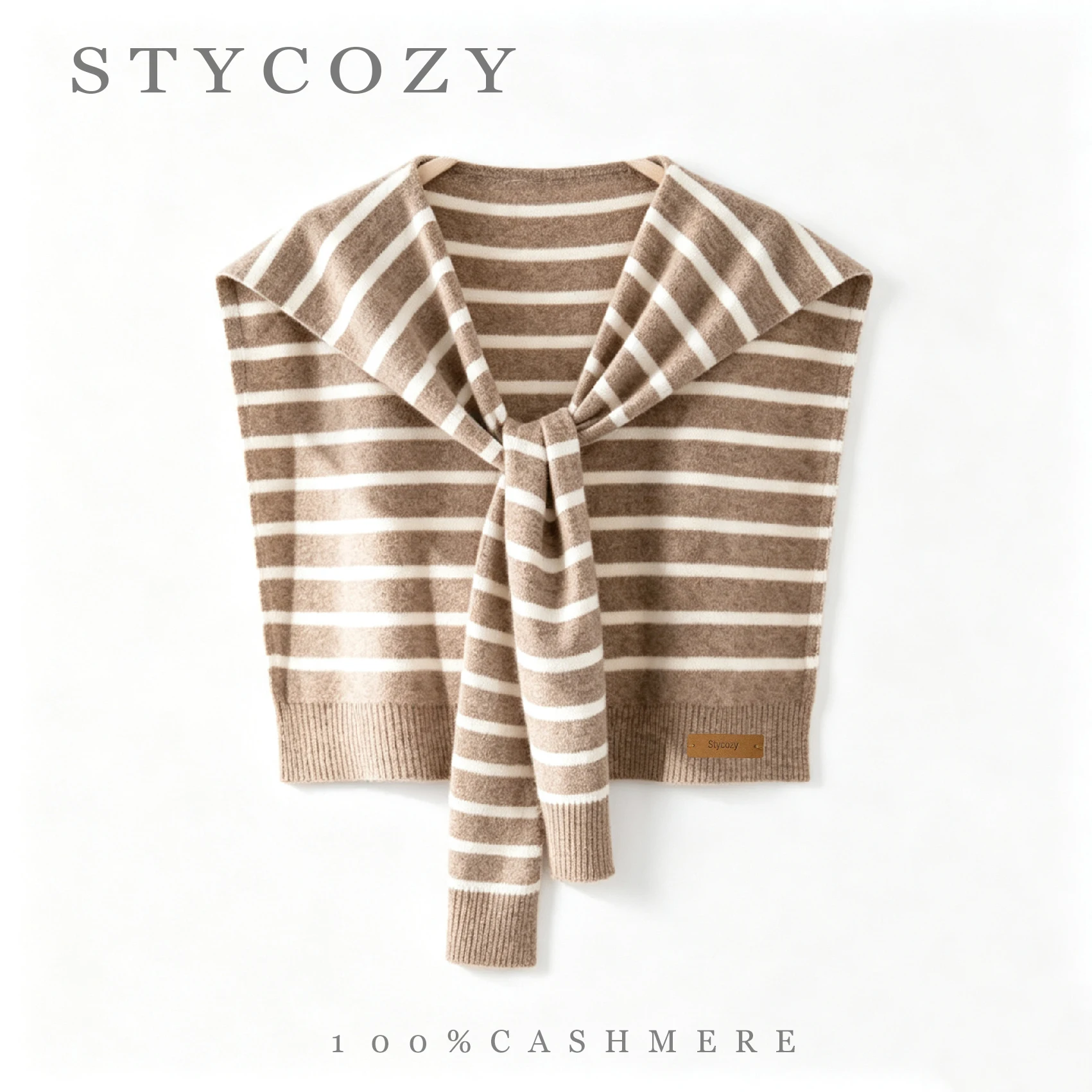 100% Cashmere Shoulder Wraps Women Stripe Front Knotted Knit Stole Soft Light Thermal Shoulder Scarf 4-Season Layering Accessory