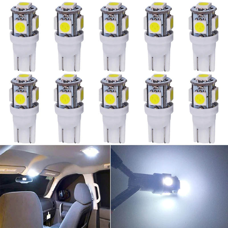 10/50 PCS T10 W5W LED Bulbs 12V 5050-5SMD 7000K White 100LM Car Interior Door Dome Reading Glove Box Trunk License Plate Lights