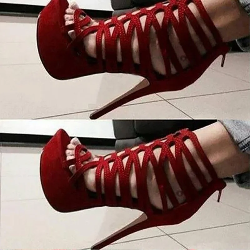 

Hollow Strappy Cage Shoes Red Suede Platform Stiletto High Heels Women Pumps Peep Toe Back Zipper Cutout Sandals