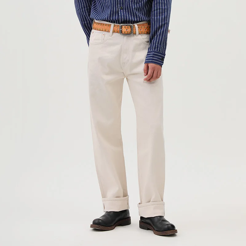 

Узкие прямые джинсы из хлопкового денима для молодежи, модные, с высокой талией, с заклепками, с эффектом потертости, из необработанной ткани, белые, хлопковые