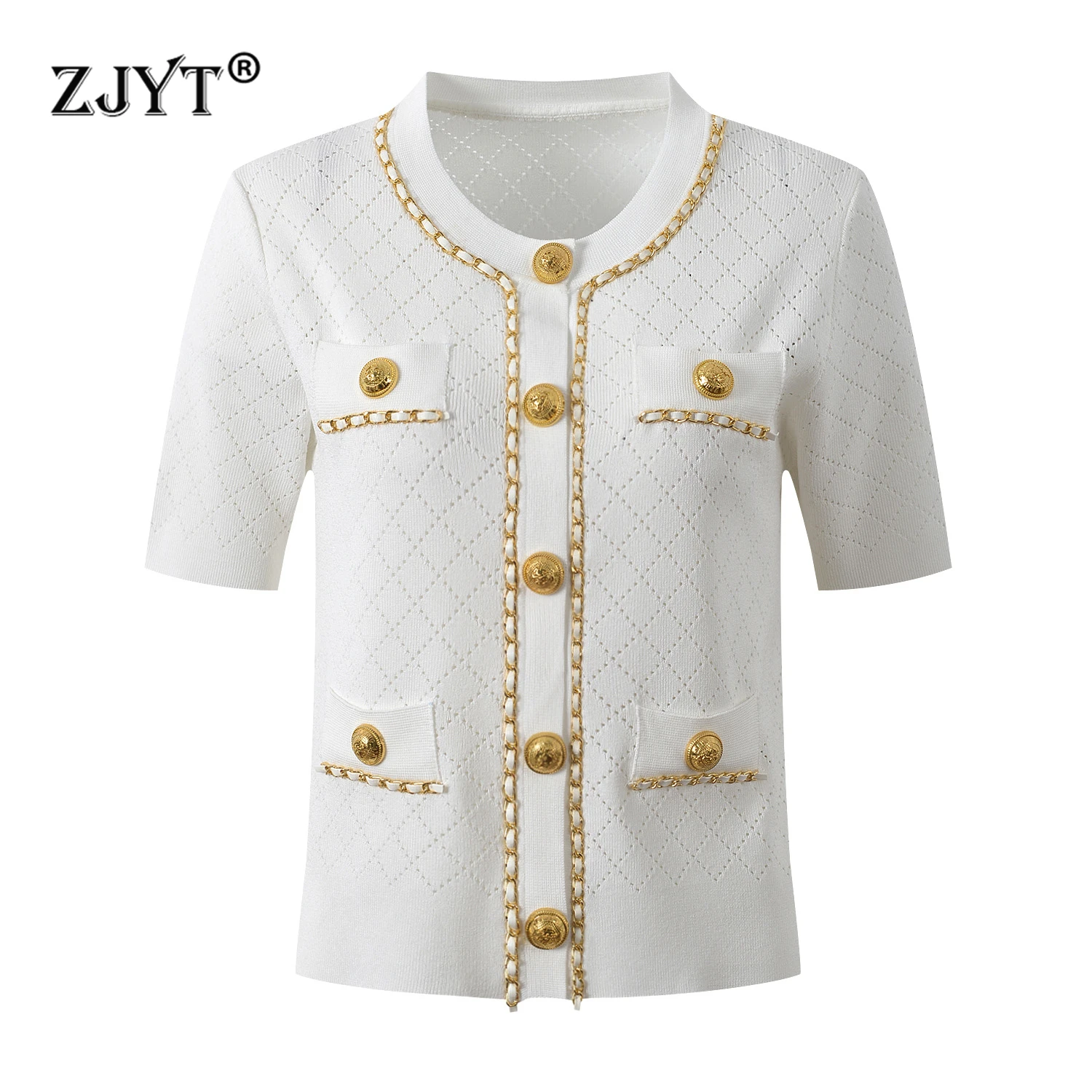 

ZJYT Spring Summer Short Sleeve Knitted Cardigans Sweaters for Women 2026 Elegant Chain Pathwork Tops Party Jersey Mujer Lady