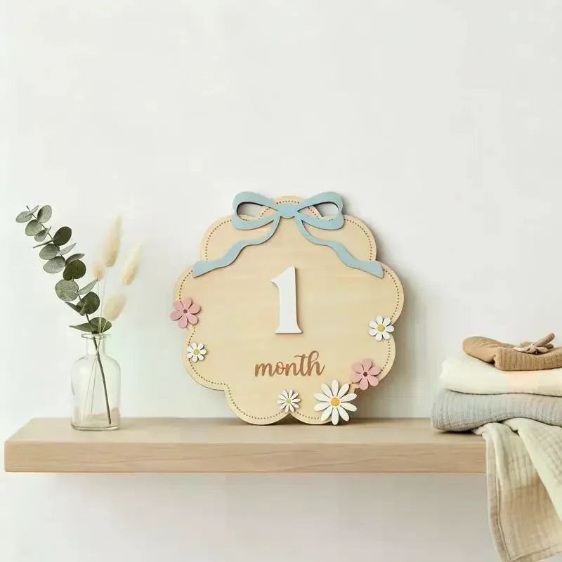 Natural Wooden Baby Monthly Milestone Sign Pink Bow Floral For Newborn Girl Photo Props