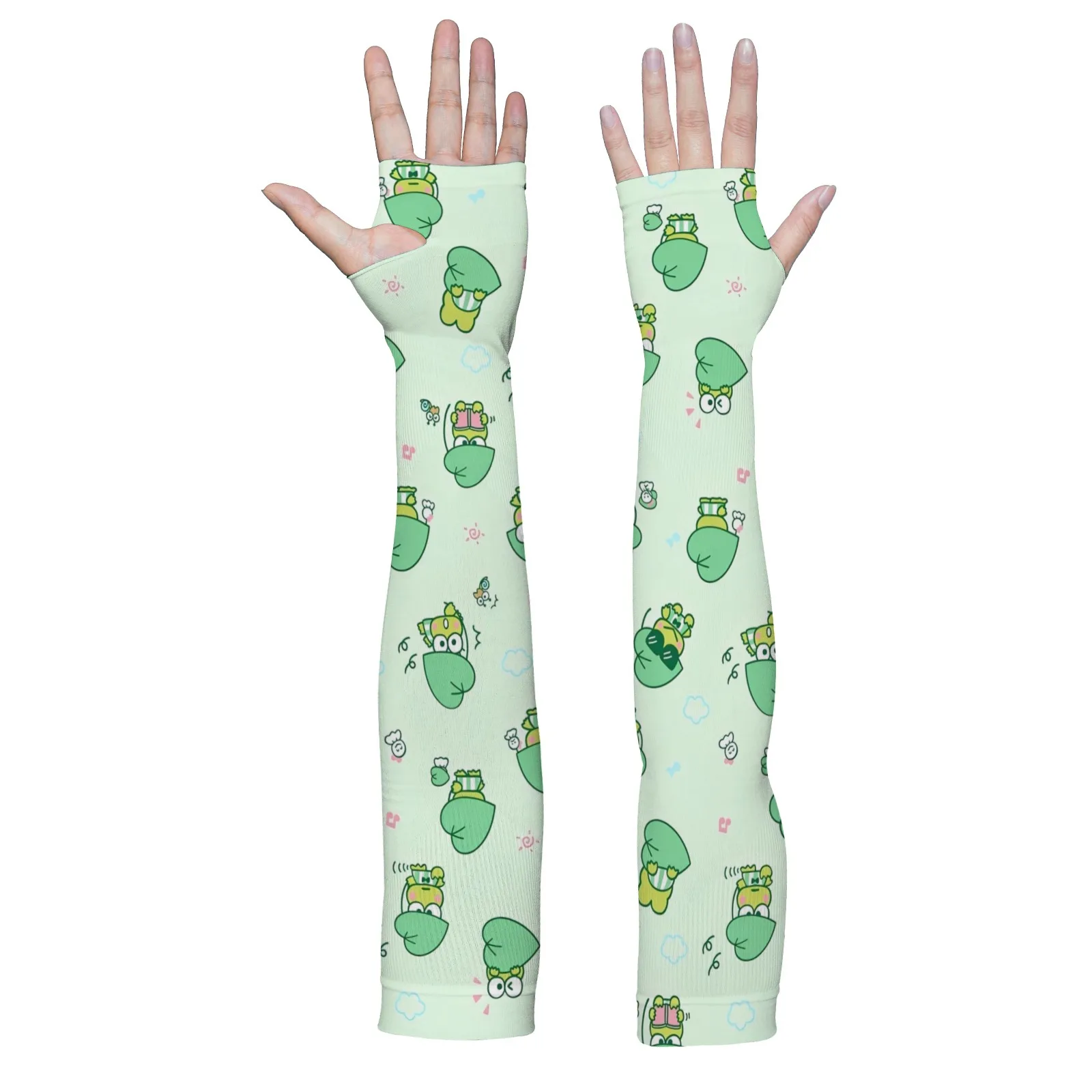 Keroppi Mangas de brazo con estampado de dibujos animados Kawaii: seda de hielo verde claro, protección UV transpirable para aventuras diarias y al aire libre acogedoras
