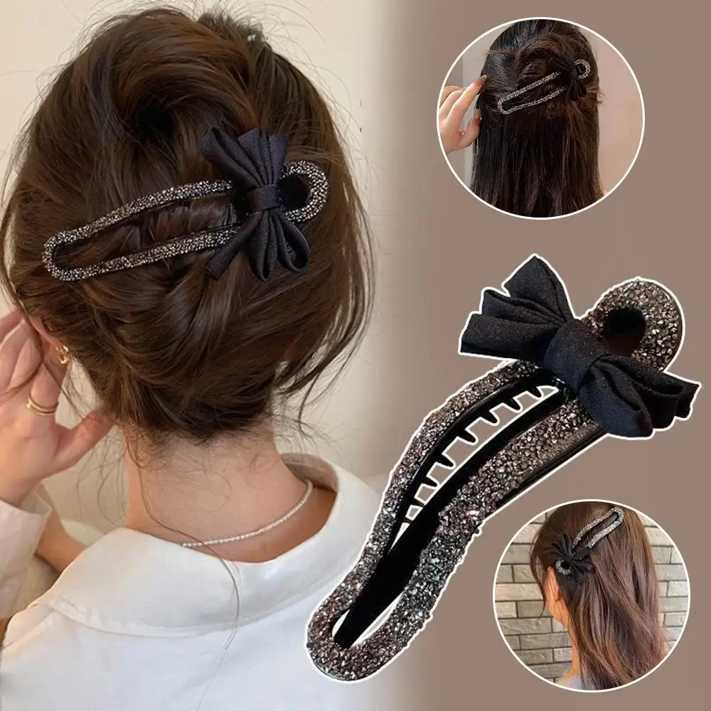 

Rhinestone Duckbill Clip Classic Black Large Bow Hair Clips Girls Sweet Hairpin Barrette Versatile Hair Ornament Ponytail Clip