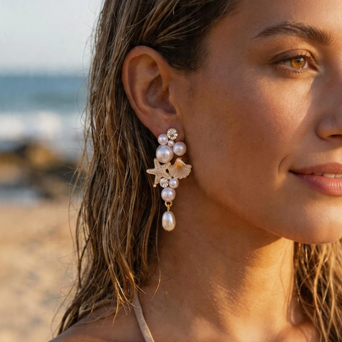 Sommerliche Imitationsperlen-Seestern-Muschel-Quasten-Ohrringe, Boho Ozean Strand Muschel Stern Hängeohrringe, Trendiger Urlaubsschmuck – Detail 12