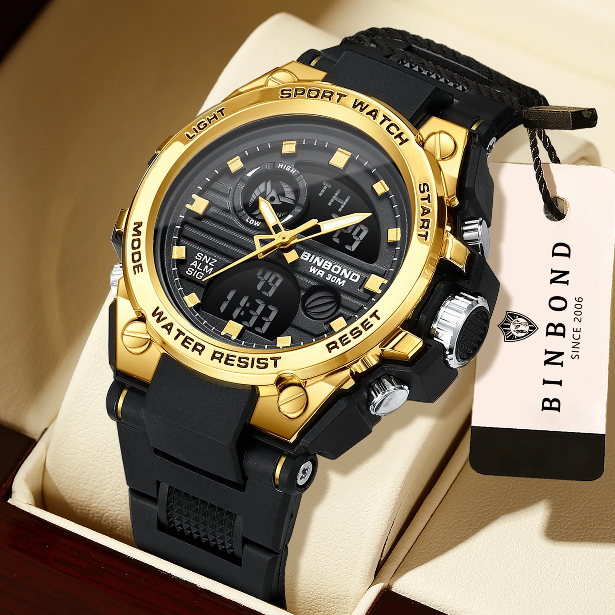 BINBOND Chronograph Precise Quartz Watches For Men Luxury Luminous Waterproof Week Display Auto Men's Watch Sports Reloj+Box