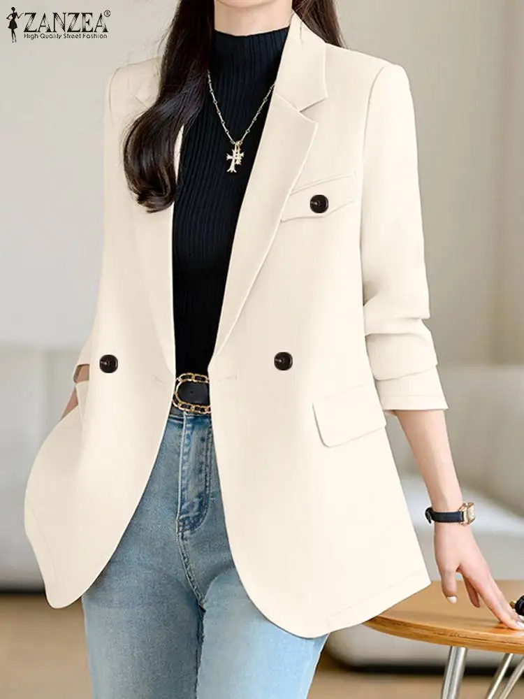 ZANZEA Long Sleeve Casual Loose Blazer Jackets Office Wear Lapel Neck Autumn Elegant Suit Coats Double-Breasted Women Blazer