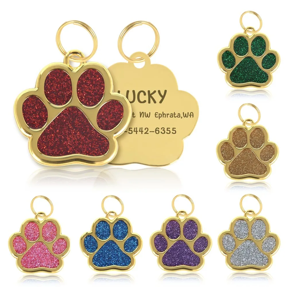 

Personalized Collar Pet ID Tag Custom Free Engraved Cat Dog Puppy Name Necklace Gold Paw Glitter Pendant Pet Accessories 3CM