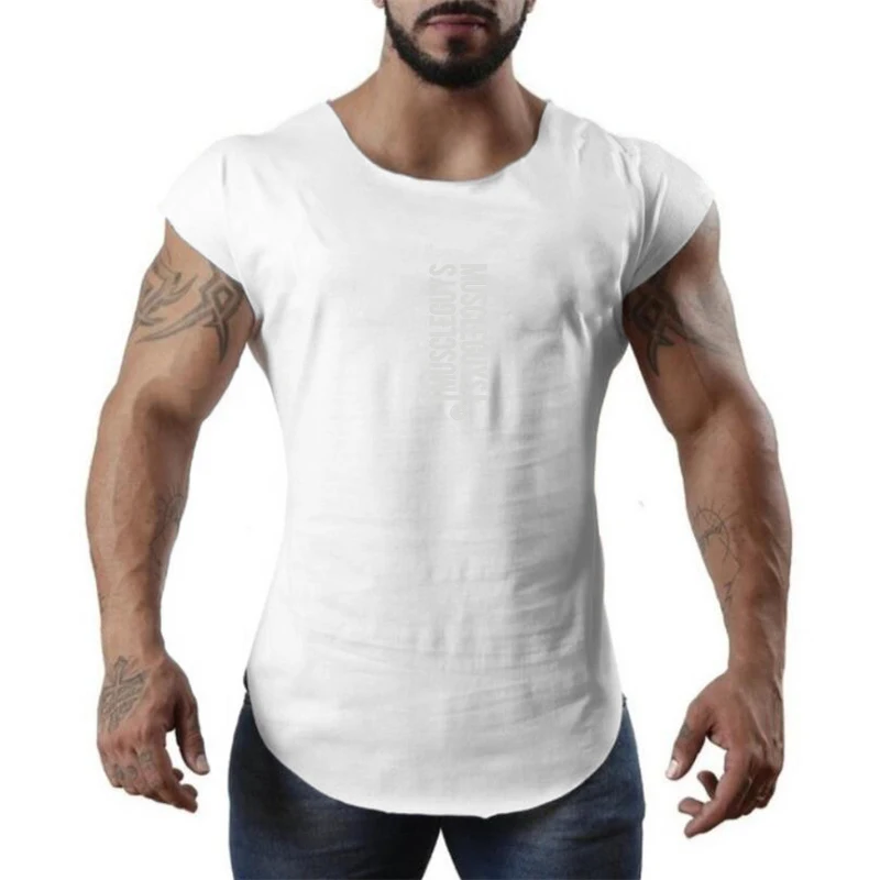 

Men's Gym Fitness Breathable Muscle Workout Slim Fit Arc Hem Tank Tops Summer Cotton Moisture Wicking Cool Running Sportswear