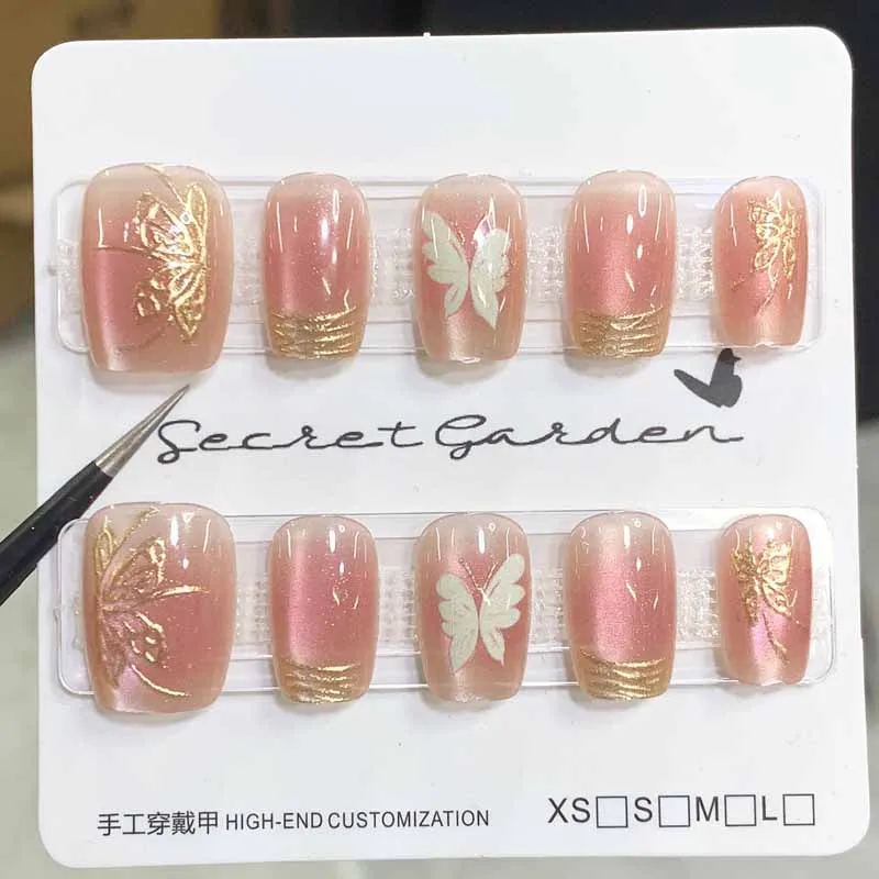 10 Stück handgefertigte Katzenaugen-Nagelnägel zum Aufdrücken, schöne rosa lila Schmetterlings-Nagelflicken, abnehmbare Nagelspitzen für Mädchen im kurzen Stil