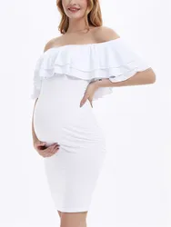 Maternity Dresses White For Photoshoot Summer Sexy Off Shoulder Ruffles Bodysuit for Pregnant Women