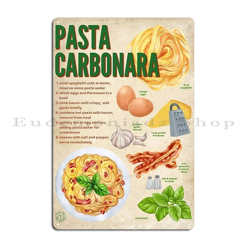 Authentic Pasta Carbonara Recipe Vintage Italian Art Metal Sign Bar Cave Printing Garage Retro Wall Pub Tin Sign Poster