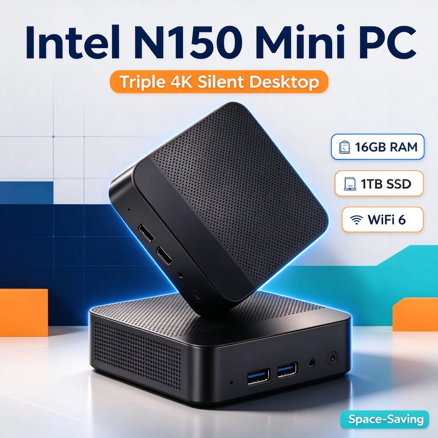 Intel N150, NOVO Mini PC Compacto, Várias Configurações, SSD NVMe, WiFi6, Triplo 4K, Desktop Silencioso para Casa, Escritório e Edição de Mídia