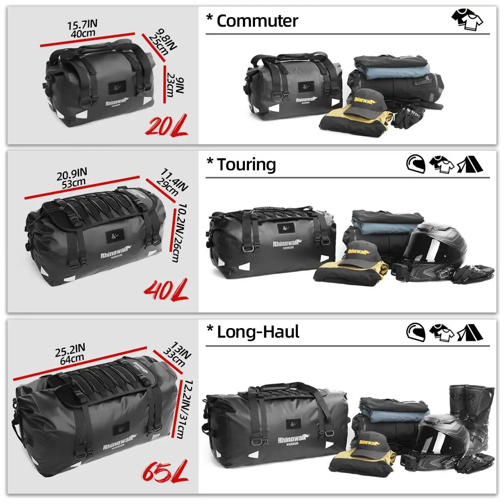Rhinowalk Motorcycle Tail Bag with Air Valve Roll-top Adjustable 20L-65L Waterproof Reflective Strap Mount Seat Bag 1 Piece Sale