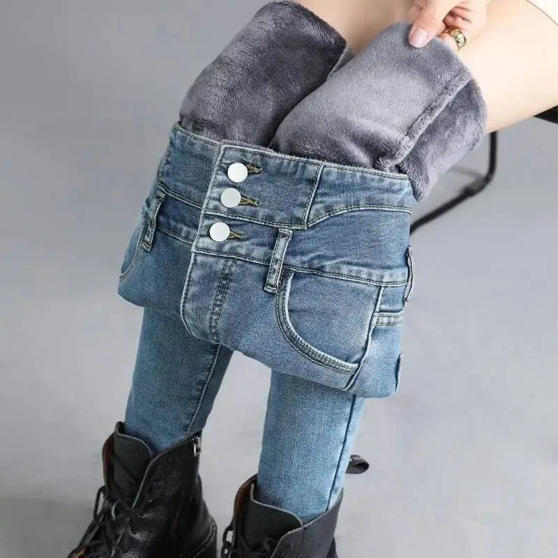 Jean en velours épais pour femme, mode coréenne, taille haute, slim, pantalon épais, chaud, extensible, crayon, Denim, hiver