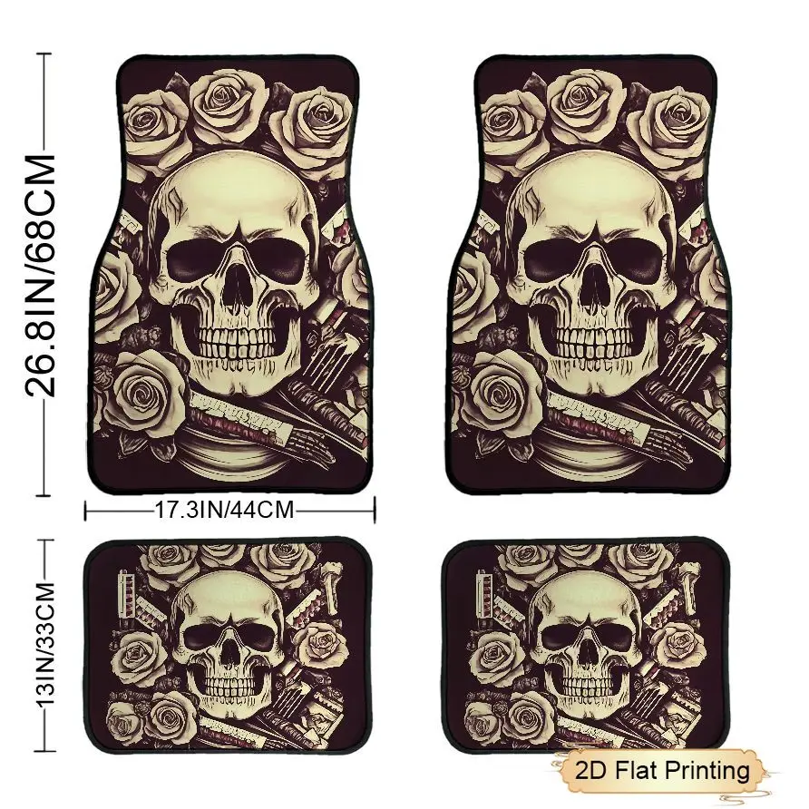 

4pcs Car Floor Mats Skull And Roses Design Polyester Fiber Universal Fit Car Floor Mats Car Additions Interior Decor 2D Flat Printing