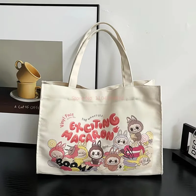 New Arrival In Stock Labubu Canvas Handbag For Women Large Trendy Cartoon Letter Printed Outdoor Leisure Tote Bag Christmas Gift